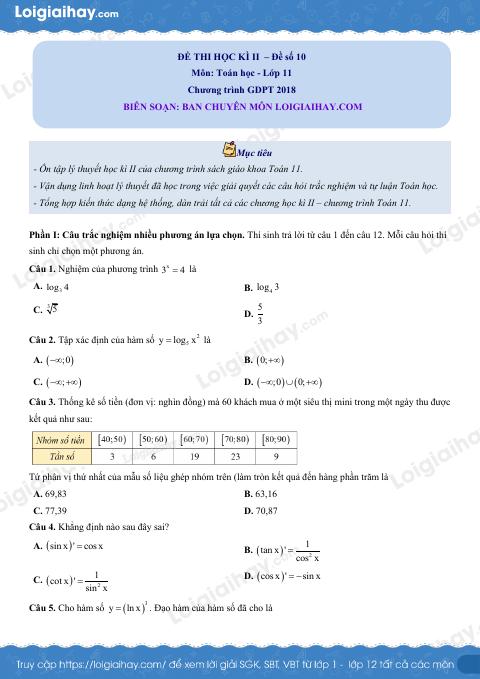 Đề thi học kì 2 Toán 11 Cánh diều - Đề số 10